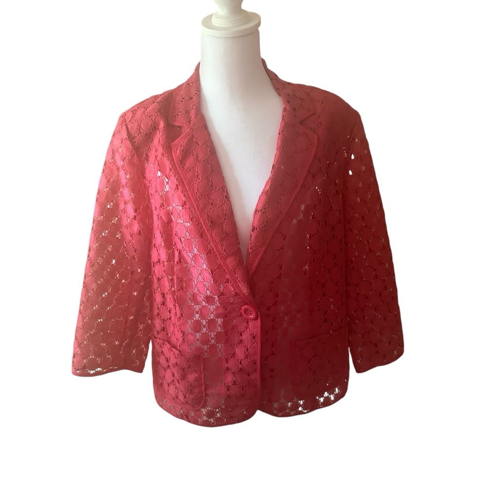 Chico’s Hot Pink Blazer Size 2 Padded Shoulders Cutout Long Sleeve